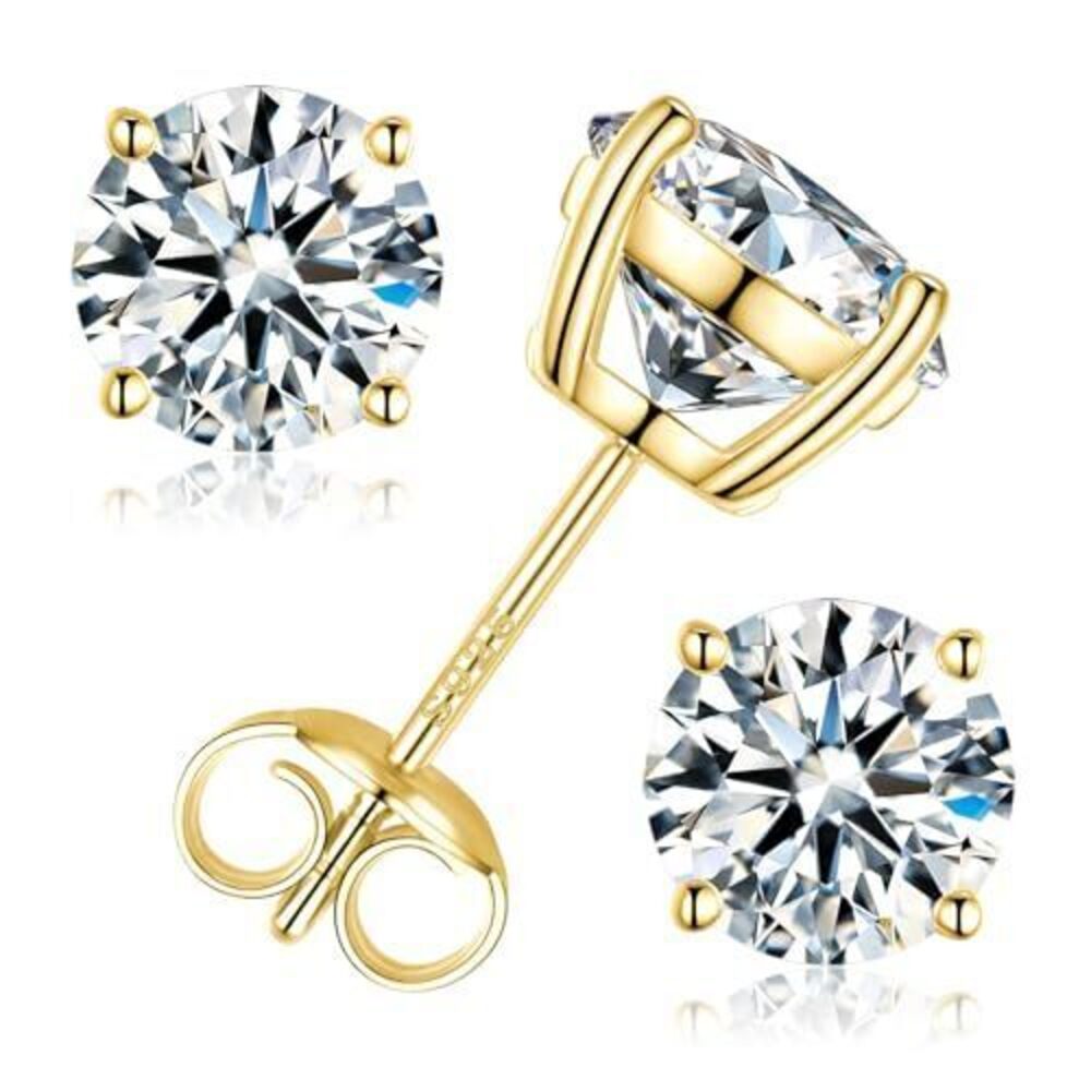 7233 Moissanite Stud Earrings, Gold Earrings Studs Sterling Silver Plated